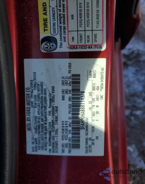 2011 Ford Fusion Se z USA, uszkodzony, nr VIN 3FAHP0HA8BR114378